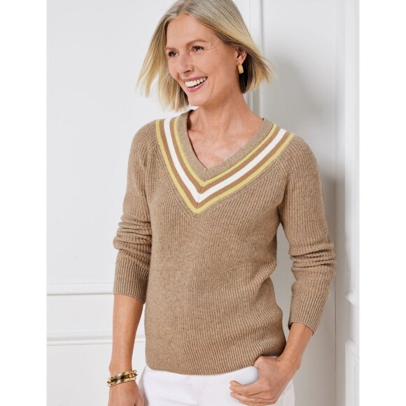 Talbots Plus Beige V-Neck Sweater Womens 2X Yellow & White Stripes Casual NWT - Picture 1 of 10